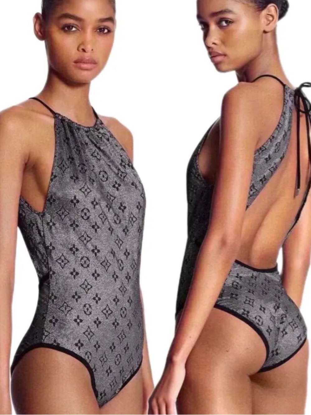 LV-Style Grey Monogram One-Piece Swimsuit